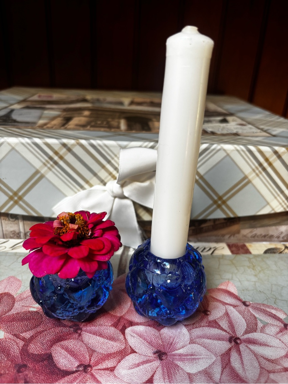 Blue Glass Bud Vase or Taper Candle Holder Set - Elegant Home Accents